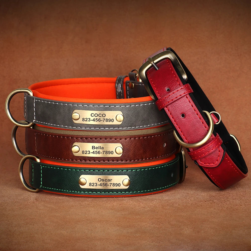 Personalized Dog Collar – Custom Engraved PU Leather with ID Name plate