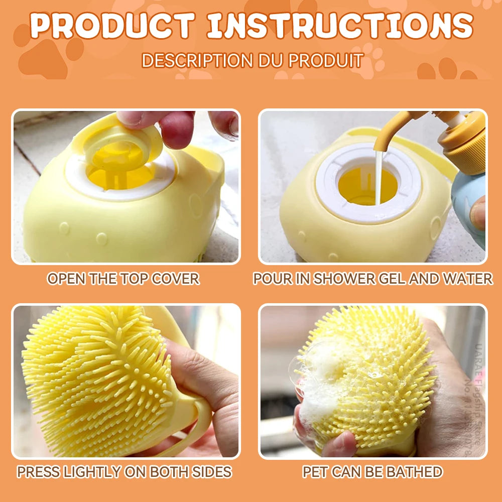 Dog & Cat Bath Brush – Shampoo Dispenser + Massage Bristles