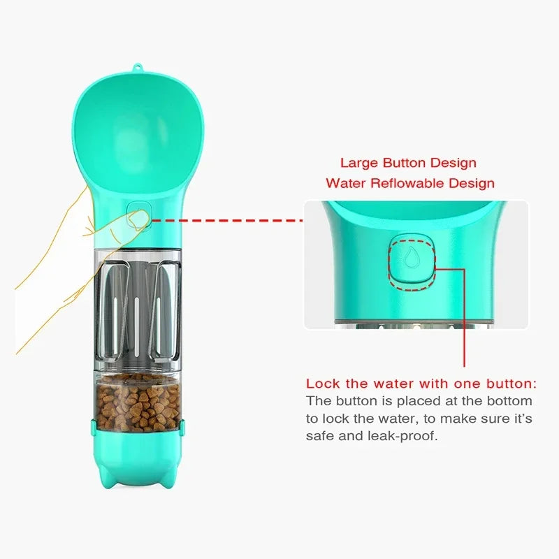 Leak-Proof Portable Pet Travel Bottle – Water, Food & Poop Bag Holder