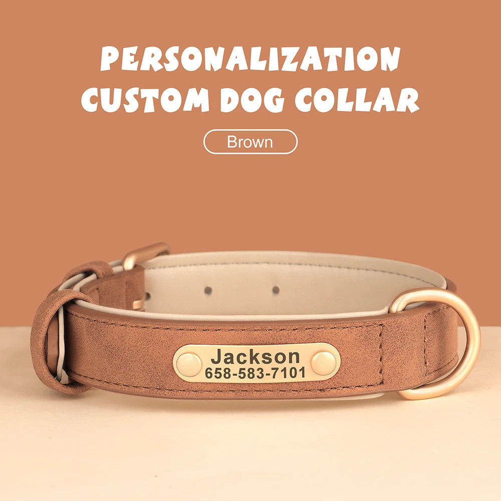 Personalized Dog Collar – Custom Engraved PU Leather with ID Name plate